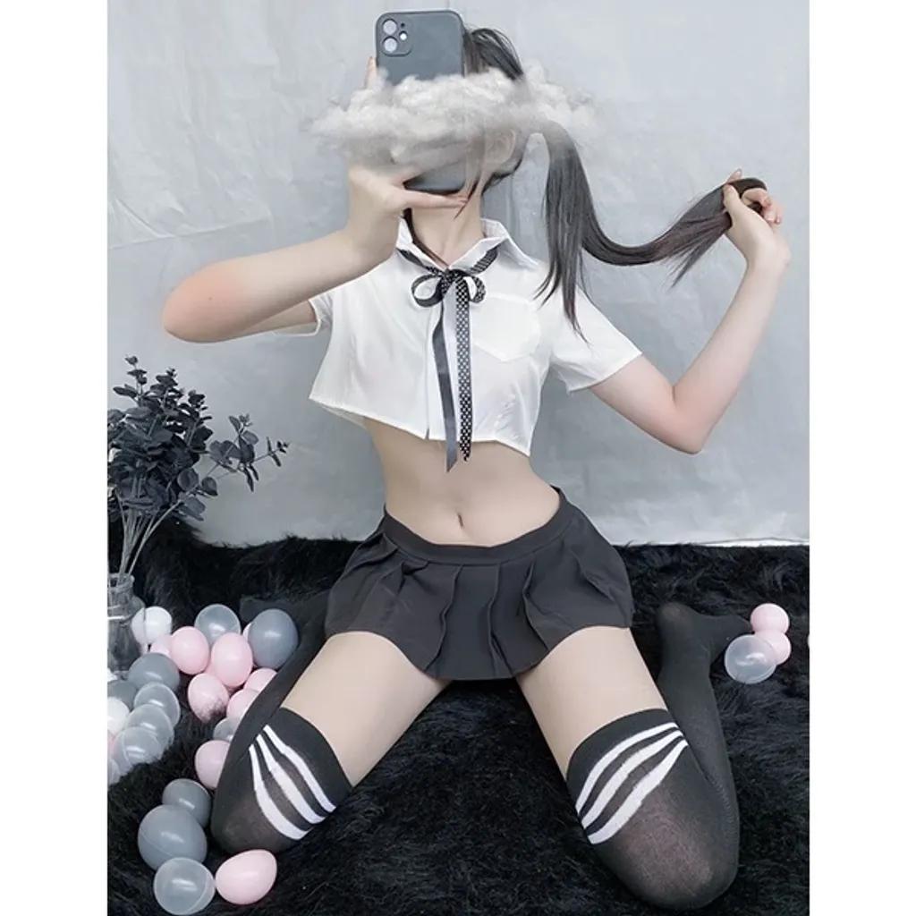 Đồ cosplay nữ sinh Hàn Quốc anime sexy đáng yêu váy xếp ly áo croptop kèm cà vạt nơ học sinh dễ thương N716