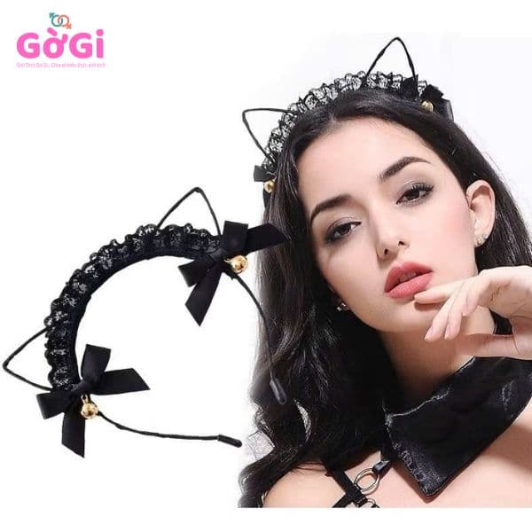 Cài tai mèo ren có nơ chuông mào đen