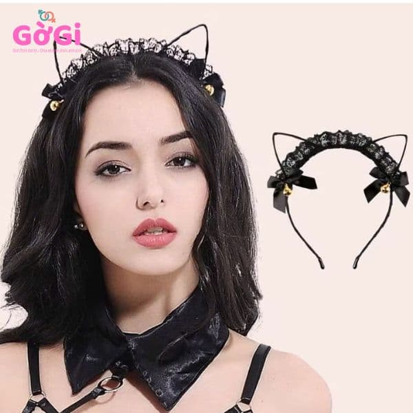 Cài tai mèo ren có nơ chuông mào đen