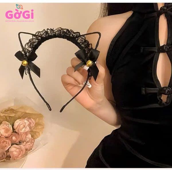 Cài tai mèo ren có nơ chuông mào đen