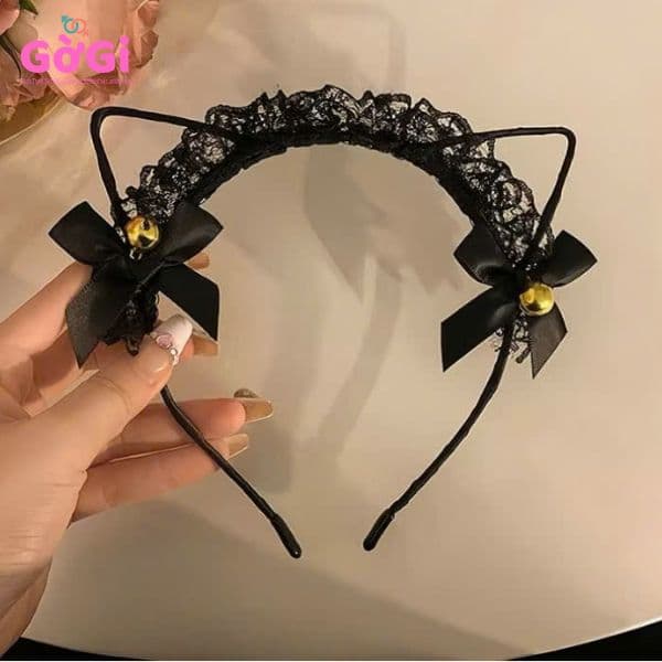 Cài tai mèo ren có nơ chuông mào đen