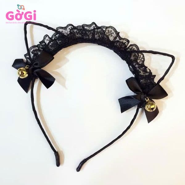 Cài tai mèo ren có nơ chuông mào đen