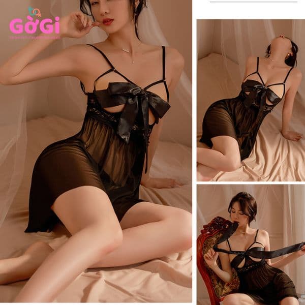 Váy ngủ xuyên thấu thắt nơ show ngực quyến rũ