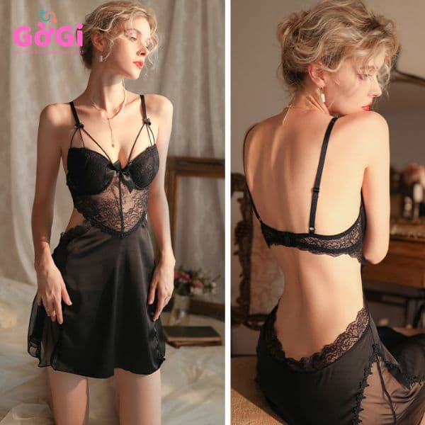Đồ ngủ sexy lụa có đệm ngực phối ren quyến rũ đen, đỏ ( có kèm quần chíp lọt khe gợi cảm)