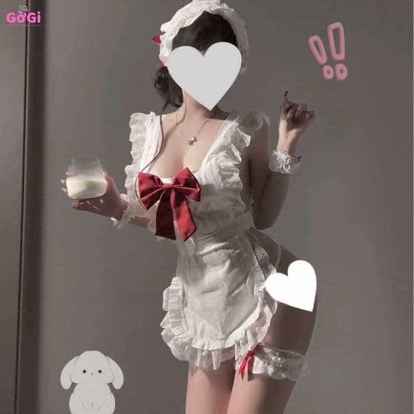 Đồ ngủ sexy cô hầu gái dễ thương gợi cảm, quyến rũ ( màu trắng+ đỏ)