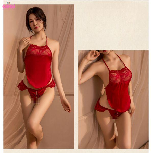 Đồ ngủ sexy, set yếm đỏ ren hở lưng gợi cảm, kèm quần lót lọt khe quyến rũ