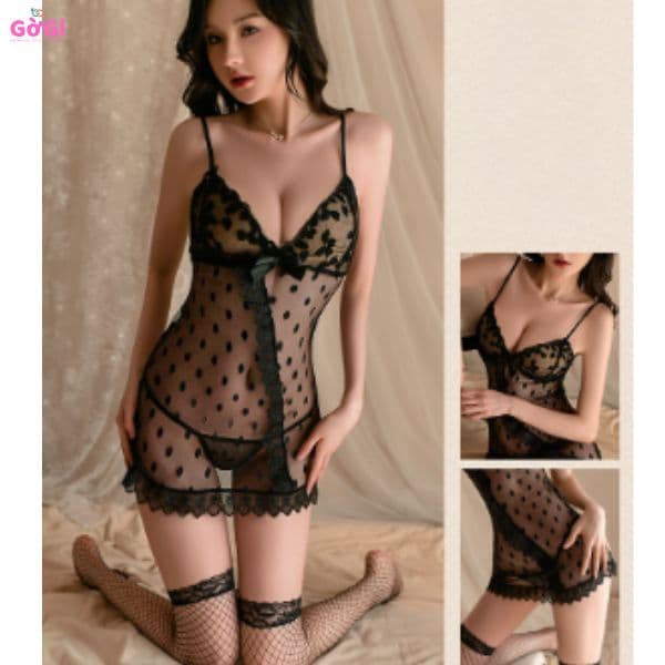 Đồ ngủ sexy, váy ngủ xuyên thấu lưới chấm bi – Bộ nội y gợi cảm phối ren quyến rũ