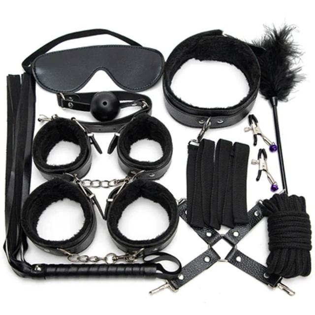 Bộ đồ chơi tình dục SM đệm lông - màu đen sang trọng 10 món