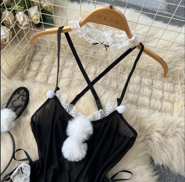 Set cosplay thỏ bông trắng sexy gợi cảm bodysuit đồ ngủ liền thân bunny đen xẻ đáy bonita quyến rũ N333