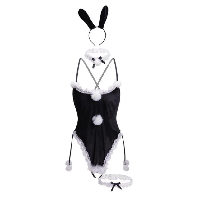 Set cosplay thỏ bông trắng sexy gợi cảm bodysuit đồ ngủ liền thân bunny đen xẻ đáy bonita quyến rũ N333