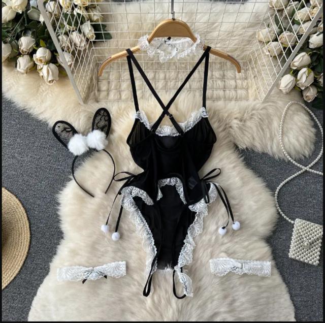 Set cosplay thỏ bông trắng sexy gợi cảm bodysuit đồ ngủ liền thân bunny đen xẻ đáy bonita quyến rũ N333