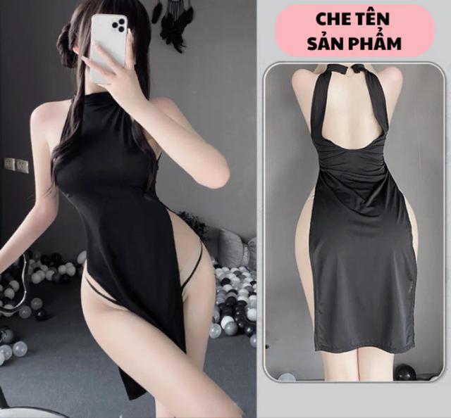 Váy ngủ sườn xám dài xẻ cao hông sexy gợi cảm đầm nữ hở lưng tặng quần chip lọt khe đen xám quyến rũ N158