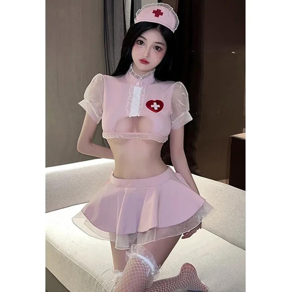 Cosplay y tá anime khoét ngực sexy phối ren lưới dễ thương cao cấp váy xếp ly áo croptop kèm quần lọt khe gợi cảm N757