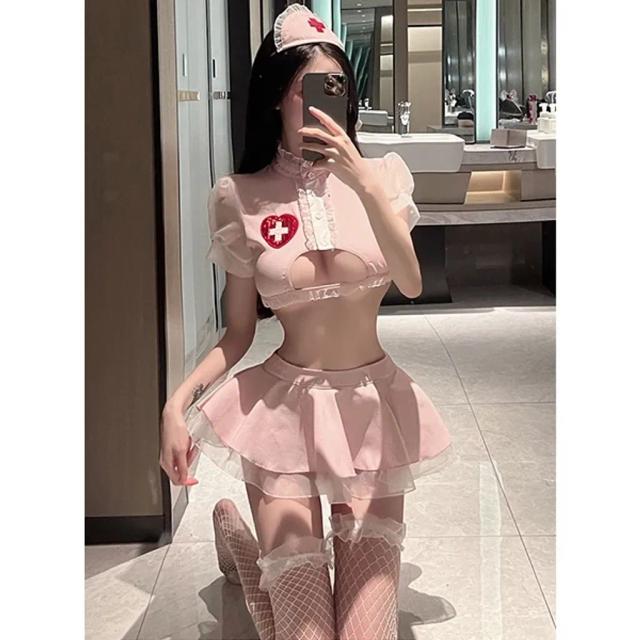Cosplay y tá anime khoét ngực sexy phối ren lưới dễ thương cao cấp váy xếp ly áo croptop kèm quần lọt khe gợi cảm N757