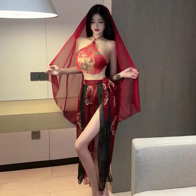 Đồ cosplay cổ trang Trung Hoa họa tiết hoa cao cấp set Hán phục áo yếm kèm khăn choàng tặng chip lọt khe gợi cảm N794