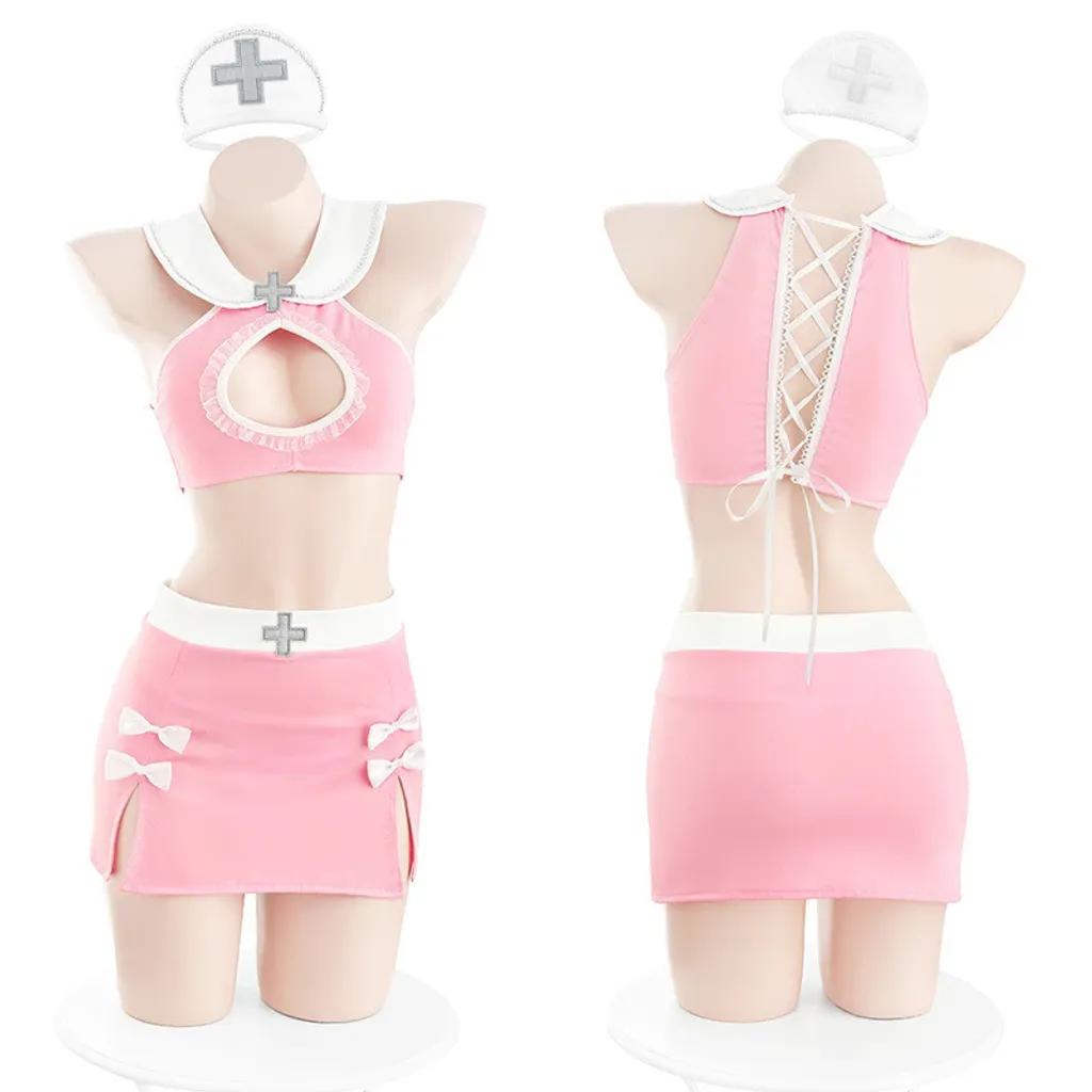 Đồ ngủ gợi cảm cosplay cô y tá khoét ngực sexy quyến rũ set nữ bác sĩ hồng ôm body tôn dáng dễ thương N352