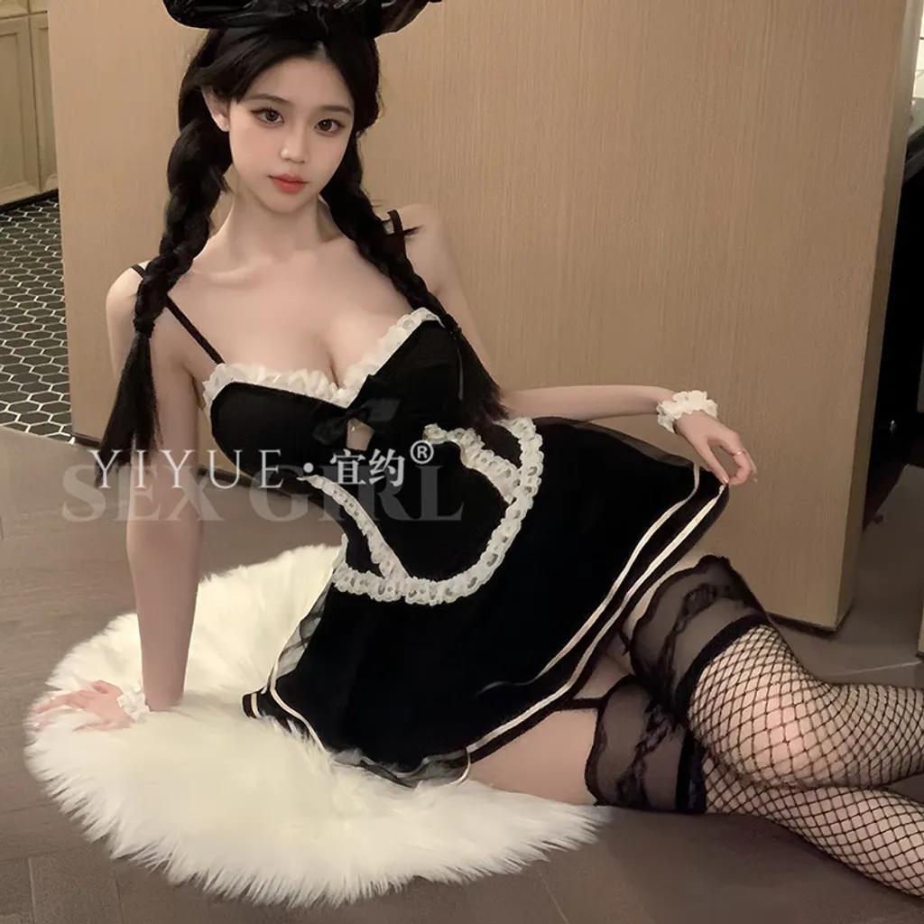 Váy ngủ xoè tiểu thư phối ren đáng yêu xinh xắn đồ cosplay nữ hầu gái anime đen thanh lịch gợi cảm N576