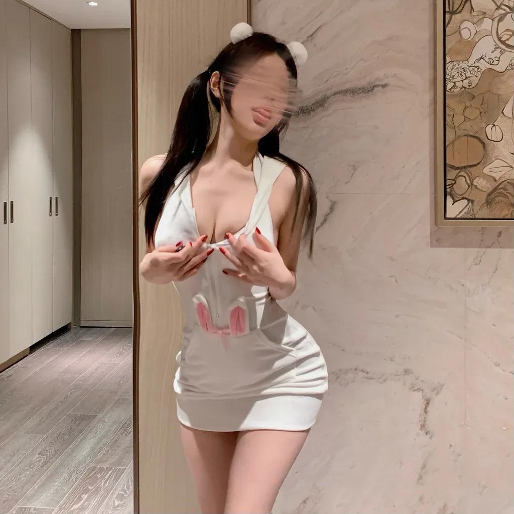 Váy body cosplay thỏ trắng có khoá kéo cực xinh đáng yêu áo hoodie bunny hở lưng quyến rũ gợi cảm N838
