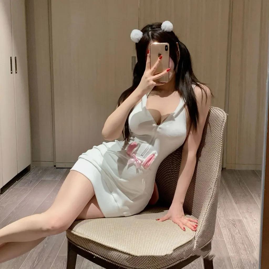Váy body cosplay thỏ trắng có khoá kéo cực xinh đáng yêu áo hoodie bunny hở lưng quyến rũ gợi cảm N838