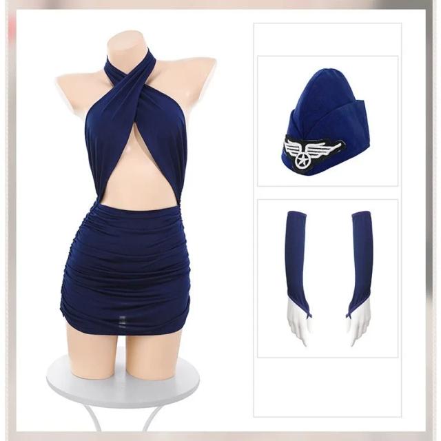 Đồ cosplay tiếp viên hàng không cổ chéo V1 gợi cảm cao cấp set thuỷ thủ xanh ôm body kèm bao tay tinh tế N329