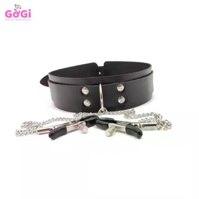 Vòng Cổ BDSM Kèm Kẹp Ngực & Xích Kim Loại
