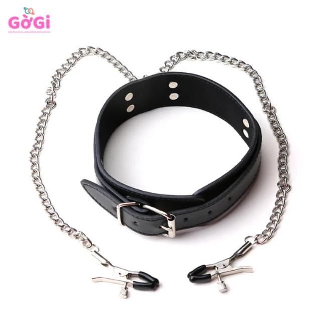 Vòng Cổ BDSM Kèm Kẹp Ngực & Xích Kim Loại