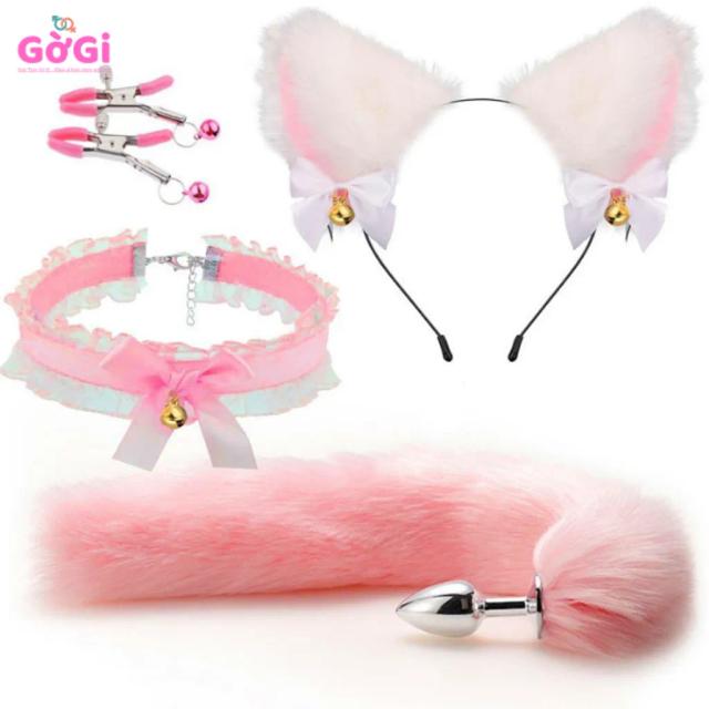 Set Cosplay Gợi Cảm Tai Mèo + Đuôi Cáo + Kẹp Nhũ Hoa + Choker – Combo Đồ Chơi Cosplay 4 Món