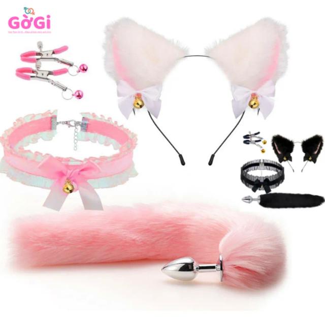 Set Cosplay Gợi Cảm Tai Mèo + Đuôi Cáo + Kẹp Nhũ Hoa + Choker – Combo Đồ Chơi Cosplay 4 Món