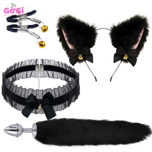 Set Cosplay Gợi Cảm Tai Mèo + Đuôi Cáo + Kẹp Nhũ Hoa + Choker – Combo Đồ Chơi Cosplay 4 Món