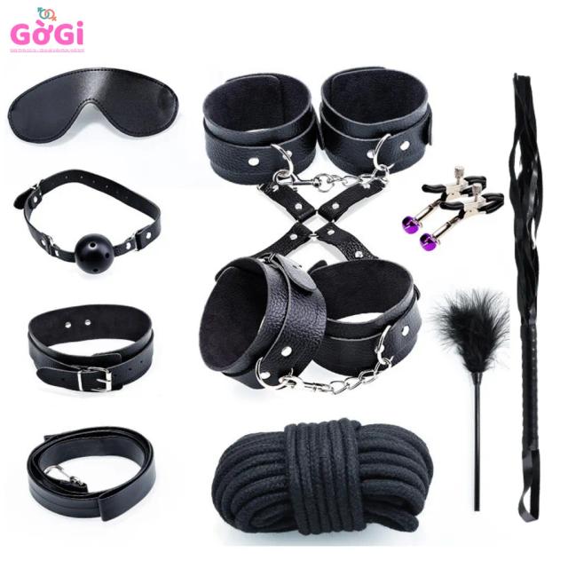 Bộ BDSM 10 Món Da Màu Đen – Bịt Mắt, Ball Gag, Còng Tay Chân, Dây Trói, Roi & Kẹp
