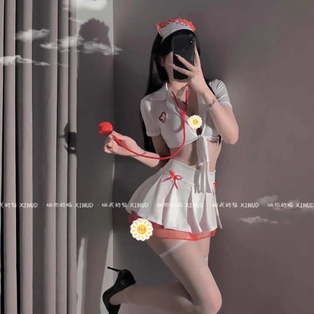 Bộ đồ hóa trang nữ y tá xẻ ngực gợi cảm dễ thương set ngủ cosplay bác sĩ dáng xòe viền ren xinh quyến rũ N751