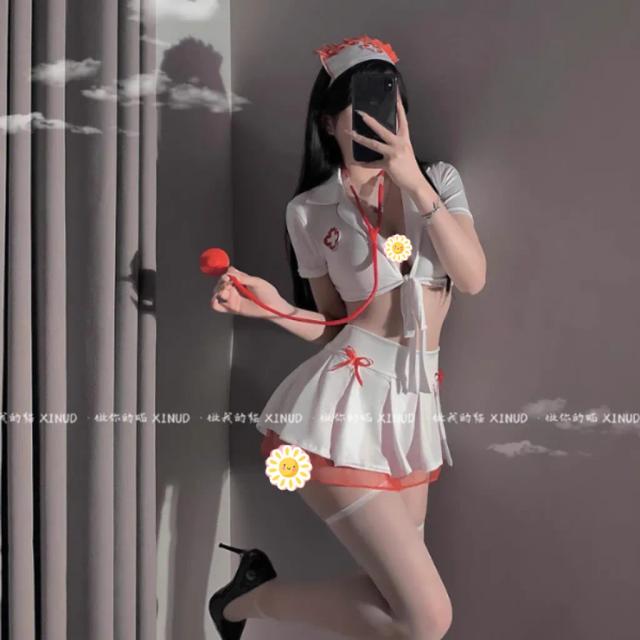Bộ đồ hóa trang nữ y tá xẻ ngực gợi cảm dễ thương set ngủ cosplay bác sĩ dáng xòe viền ren xinh quyến rũ N751