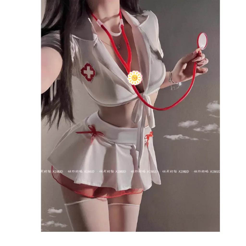 Bộ đồ hóa trang nữ y tá xẻ ngực gợi cảm dễ thương set ngủ cosplay bác sĩ dáng xòe viền ren xinh quyến rũ N751