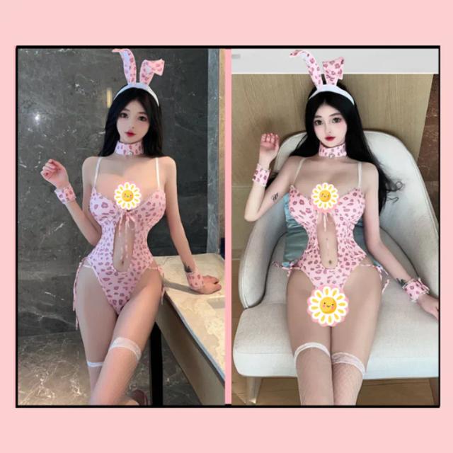 Bodysuit thỏ bông hồng hư hỏng dễ thương gợi cảm đồ ngủ liền thân hở ngực quyến rũ kèm cài tai đáng yêu N337