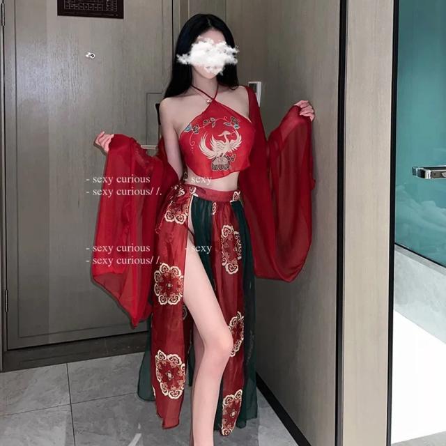 Đồ cosplay cổ trang Trung Hoa họa tiết hoa cao cấp set Hán phục áo yếm kèm khăn choàng tặng chip lọt khe gợi cảm N794
