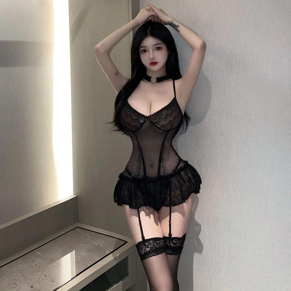 Đồ ngủ sexy ren xuyên thấu gợi cảm hở lưng cao cấp váy xòe kèm garters nịt tất tặng quần chip lọt khe N803