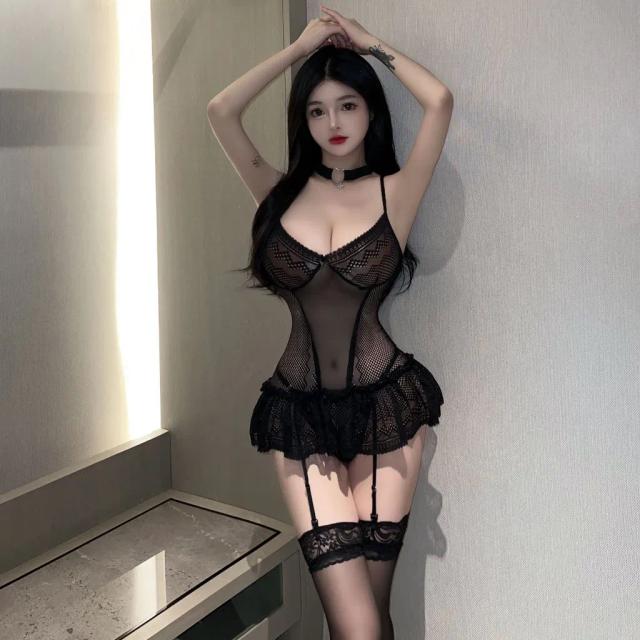 Đồ ngủ sexy ren xuyên thấu gợi cảm hở lưng cao cấp váy xòe kèm garters nịt tất tặng quần chip lọt khe N803