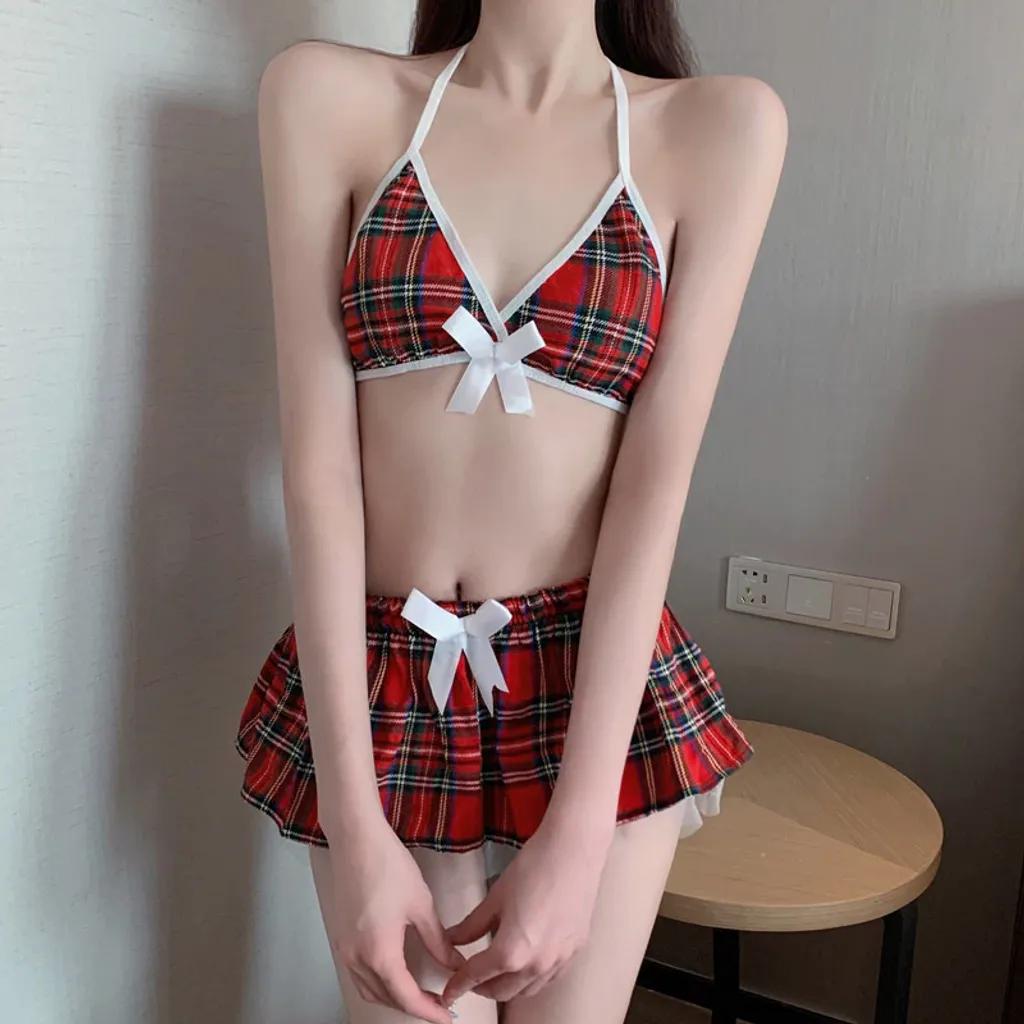 Đồ cosplay học sinh bonita sọc caro phối nơ dễ thương set ngủ nữ sinh Nhật Bản xếp ly anime sexy gợi cảm N367
