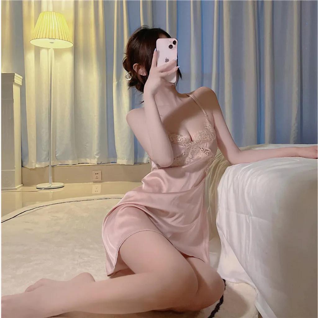Váy ngủ lụa phối ren ngực gợi cảm bonita đầm hot girl mặc nhà cột dây lưng sexy tặng chip quyến rũ N186