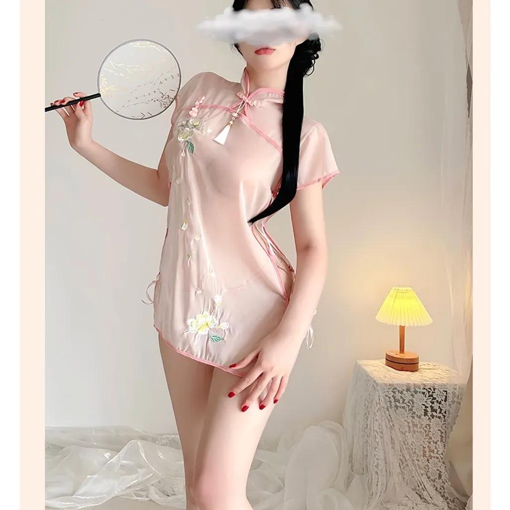 Sườn xám cách tân xuyên thấu đan dây hông gợi cảm đồ cosplay cổ trang Hanfu thêu hoa quyến rũ N383