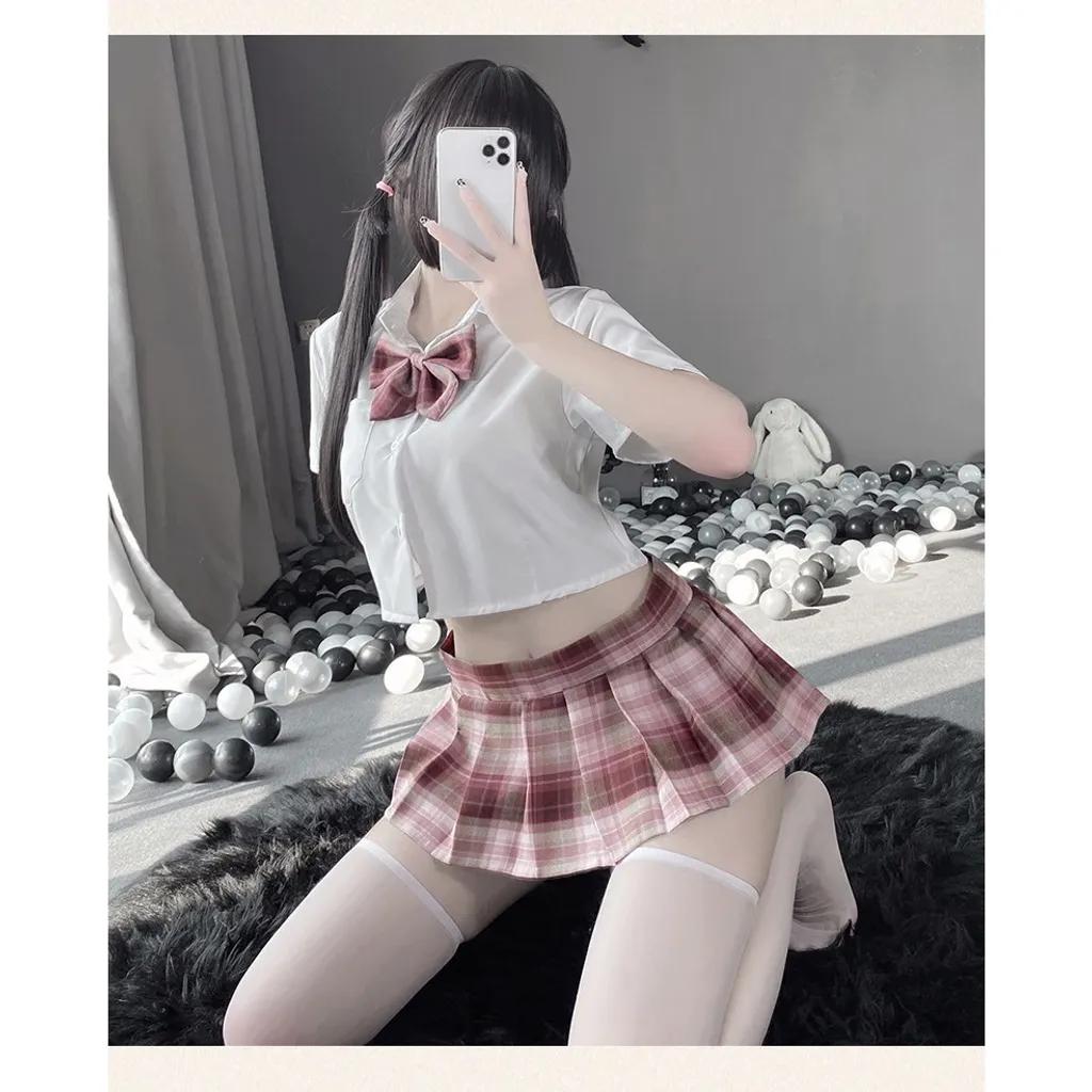 Đồ cosplay học sinh Nhật Bản tặng nơ dễ thương đáng yêu set ngủ nữ sinh xòe xếp ly sexy gợi cảm N766