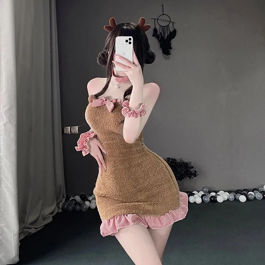 Cosplay gấu bông anime dáng ôm dễ thương thanh lịch đồ ngủ gợi cảm bé cừu trắng nâu kèm phụ kiện cao cấp N894