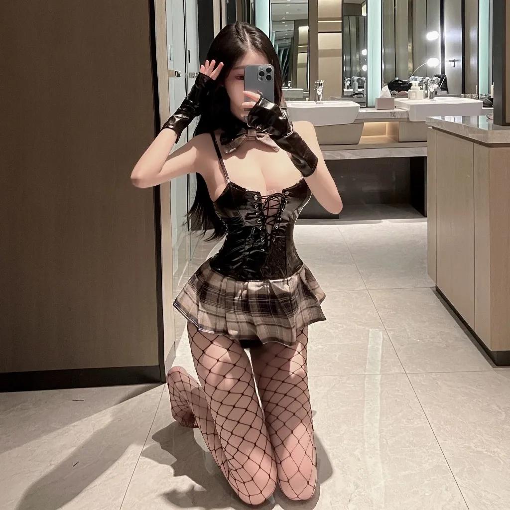 Đồ ngủ gợi cảm cosplay học sinh da PU váy sọc caro dễ thương thanh lịch set nữ sinh anime quyến rũ N864