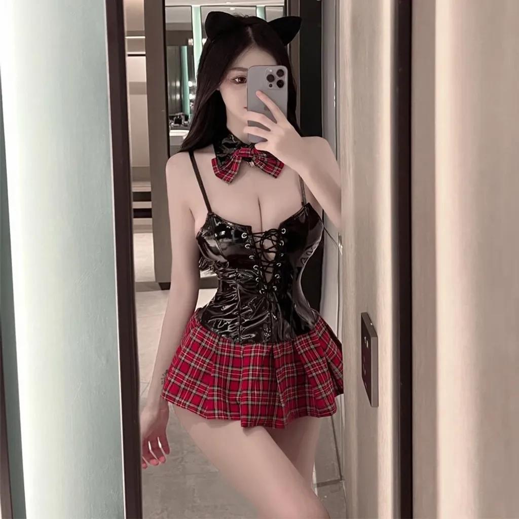 Đồ ngủ gợi cảm cosplay học sinh da PU váy sọc caro dễ thương thanh lịch set nữ sinh anime quyến rũ N864