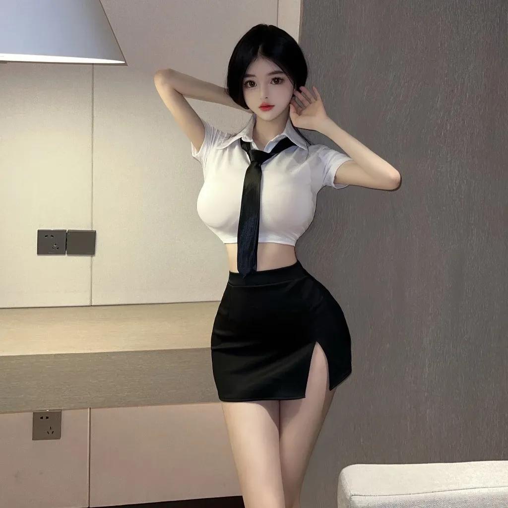 Đồ cosplay sexy thư ký ôm body kèm cà vạt gợi cảm thanh lịch đồ ngủ nữ công sở đen trắng quyến rũ N314