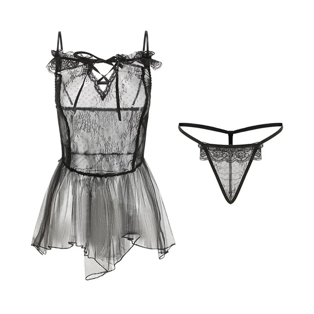 Váy ngủ sexy ren xuyên thấu dáng xòe tặng chip gợi cảm đầm tiểu thư 2 dây mặc nhà đen trắng quyến rũ N147