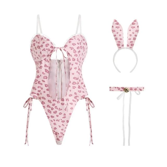 Bodysuit thỏ bông hồng hư hỏng dễ thương gợi cảm đồ ngủ liền thân hở ngực quyến rũ kèm cài tai đáng yêu N337