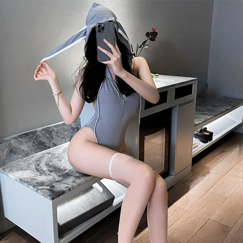 Đồ ngủ liền thân hóa trang thỏ bông có khóa kéo hở lưng gợi cảm dễ thương bodysuit áo hoodie cosplay bunny đáng yêu N321