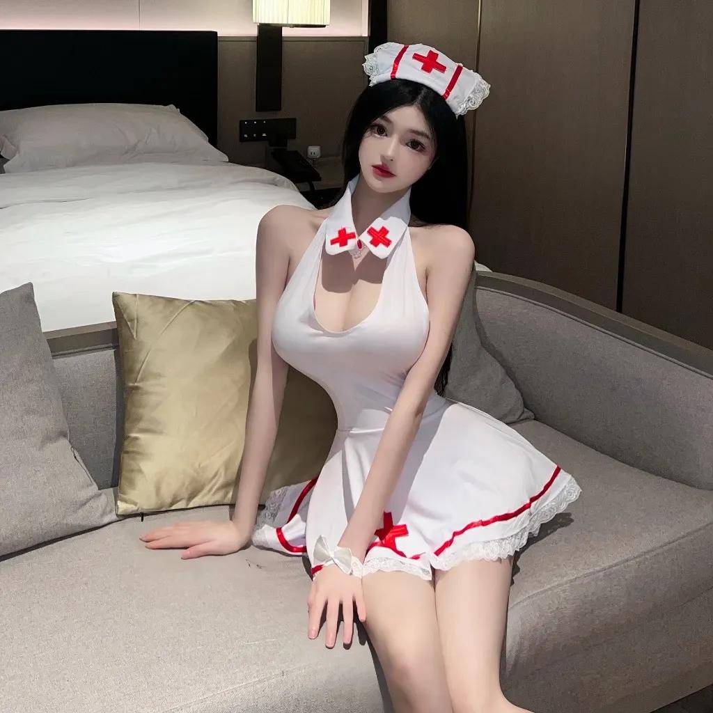 Cosplay y tá kèm nón khoét ngực nóng bỏng sexy váy ngủ xòe cột nơ hở lưng tặng chip gợi cảm dễ thương N354