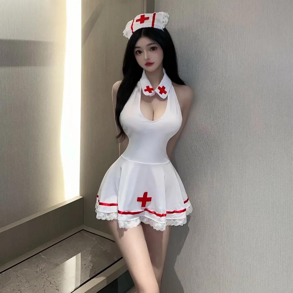 Cosplay y tá kèm nón khoét ngực nóng bỏng sexy váy ngủ xòe cột nơ hở lưng tặng chip gợi cảm dễ thương N354
